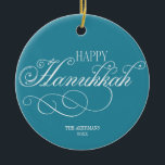 Ornamento De Cerâmica Script Happy Hanukkah Holiday<br><div class="desc">Personalize o texto e a cor do plano de fundo acima. Você pode encontrar itens de coordenação adicionais na nossa coleção "Script de Feriado Colorido".</div>