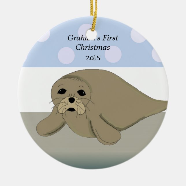 Ornamento De Cerâmica Sea Lion Baby é o primeiro Natal (Frente)