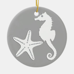 Ornamento De Cerâmica Seacavalo e peixe-estrela - branco em cinza pratea