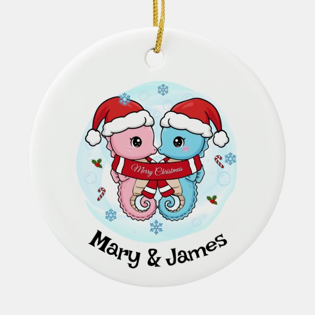 Ornamento De Cerâmica Seahorse Couple Personalized Christmas Ornament (Frente)