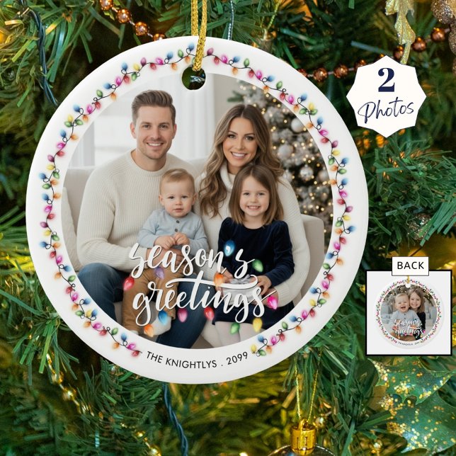 Ornamento De Cerâmica Seasons Saudações 2 Fotos das Luzes de Natal (Criador carregado)