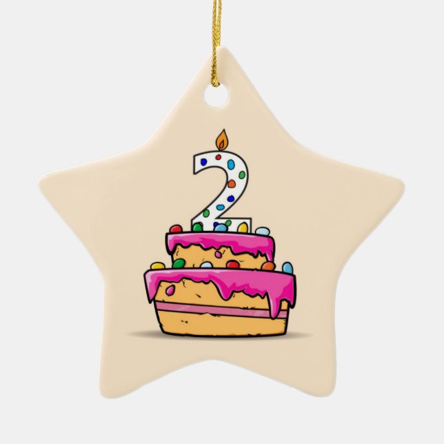 Ornamento De Cerâmica Segundo aniversário, 2 no Bolo Rosa Doce (Frente)