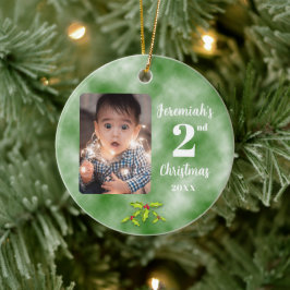 Ornamento De Cerâmica Segundo Natal de Bebê Uma Foto Redonda Verde