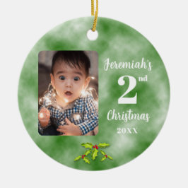 Ornamento De Cerâmica Segundo Natal de Bebê Uma Foto Redonda Verde