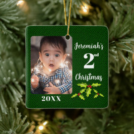 Ornamento De Cerâmica Segundo Natal do bebê Tecido Verde Faux