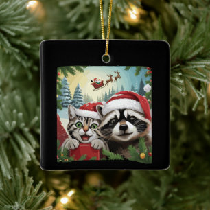 Ornamento De Cerâmica Selfie de Gato Com Trenó do Papai Noel Mapache Est