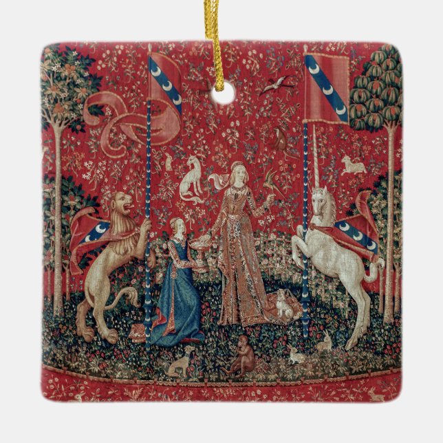 Ornamento De Cerâmica Senhora e Unicórnio castor medieval (Frente)