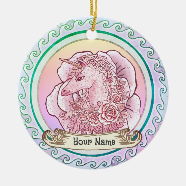 Ornamento De Cerâmica Senhora Rosa Unicorn (Frente)