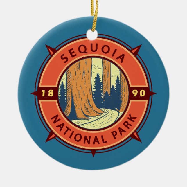 Ornamento De Cerâmica Sequoia National Park Illustration Compass Retroat (Frente)