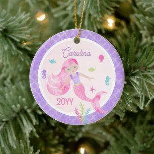 Ornamento De Cerâmica Sereia Aquarela Rosa e Roxo Lembrança