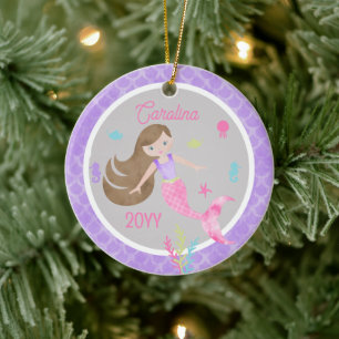 Ornamento De Cerâmica Sereia Cabelo Castanho Rosa & Roxo Foto Lembrança