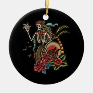 Ornamento De Cerâmica Sereia Esqueleto Tradicional Tatuagem Velha Colmei