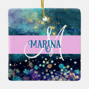 Ornamento De Cerâmica Sereia Glam Aqua Dourado Brilho Faíscas Monograma