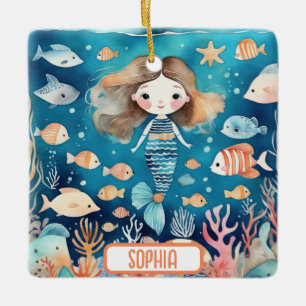 Ornamento De Cerâmica Sereia Pequenina Debaixo do Mar com Peixes de Cora