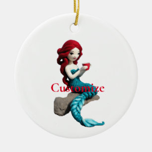 Ornamento De Cerâmica Sereia Relaxando Com Bebida Thunder_Cove
