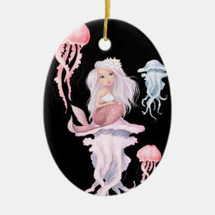 Ornamento De Cerâmica Sereia Rosa Personalizada e Natal das medusas