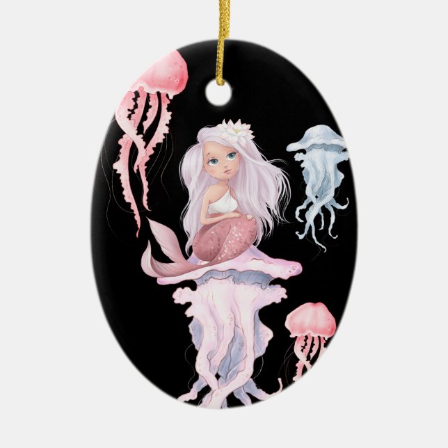 Ornamento De Cerâmica Sereia Rosa Personalizada e Natal das medusas (Frente)
