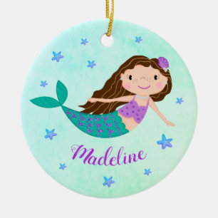 Ornamento De Cerâmica Sereia Roxa de Natal Nome Personalizado
