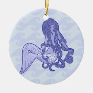 Ornamento De Cerâmica Sereia Sentada Azul