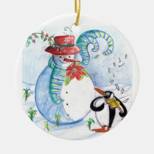 ORNAMENTO DE CERÂMICA SERENADE DO INVERNO DO BONECO DE NEVE E DO PINGUIM