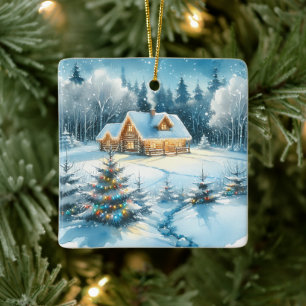 Ornamento De Cerâmica Serene Log Cabin em uma Floresta de inverno