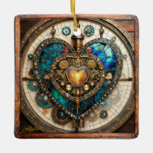Ornamento De Cerâmica Série Coração de Vidro Manchado Dourado Steampunk