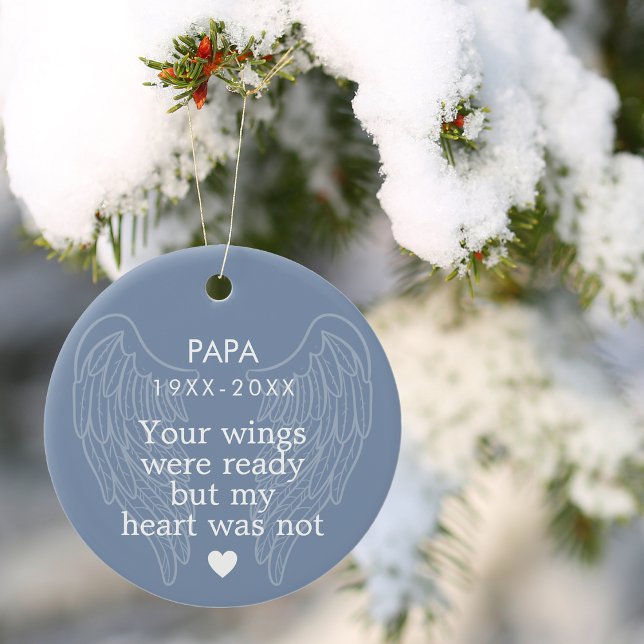 Ornamento De Cerâmica Seu Coração Memorial Personalizado Azul (Your Wings Personalized Memorial Heart Blue Ceramic Ornament)