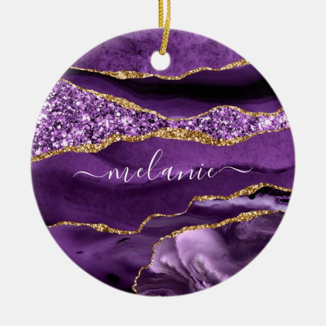 Ornamento De Cerâmica Seu Nome Agate Roxo Violeta Dourado Mármaco (Frente)
