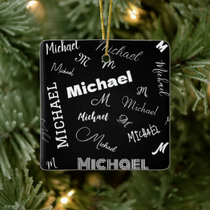 Ornamento De Cerâmica Seu nome e monograma padrão personalizado preto