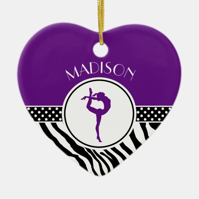 Ornamento De Cerâmica Seu nome Zebra Print Gymntics em Roxo (Frente)
