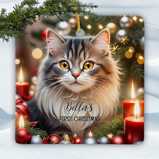 Ornamento De Cerâmica Seu primeiro gato de natal fotográfico (Christmas ornament featuring your custom cat (or other) photo with optional gold stylized stars)