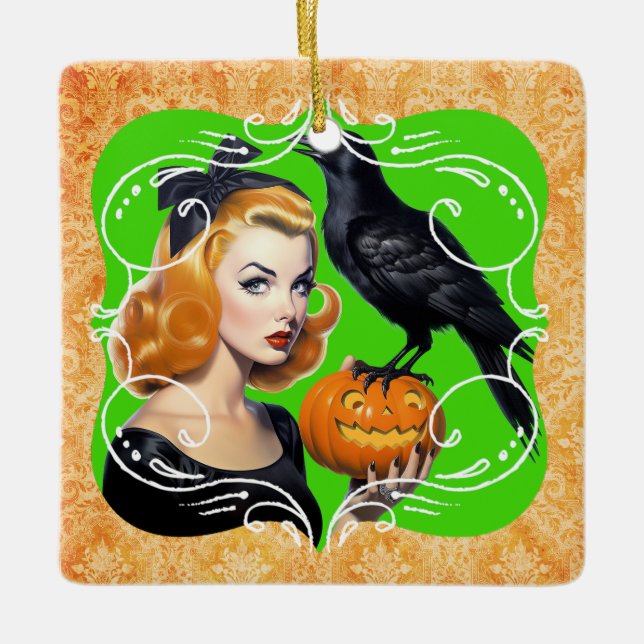 Ornamento De Cerâmica Sexy Halloween Girl e Raven (Frente)