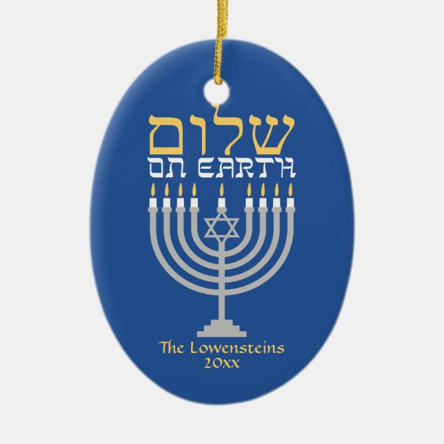 Ornamento De Cerâmica Shalom Peace on Earth Hanukkah Holiday Photo (Frente)