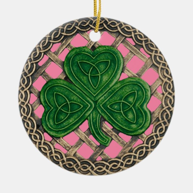 Ornamento De Cerâmica Shamrock and Celtic Knoment Pink (Frente)