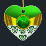 ORNAMENTO DE CERÂMICA SHAMROCK VERDE DOURADA DO CORAÇÃO CELTICO DE PATRI<br><div class="desc">Monograma do coração elegante com flores brancas verdes damask e arcos de ouro para Feriado de Natal,  Dia de Patty do Santo,  casamento irlandês,  Dia de os namorados,  salvar a data,  noivado romântico,  aniversário,  chás de panela.</div>
