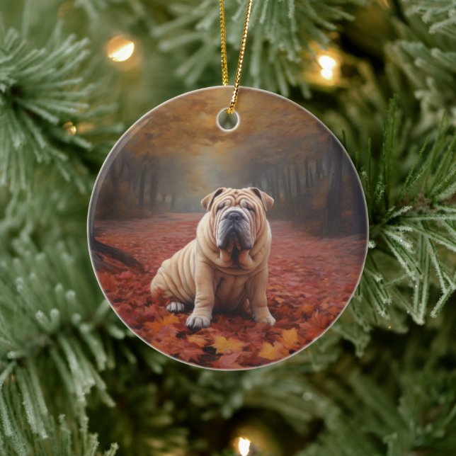 Ornamento De Cerâmica Shar Pei no outono deixa cair inspiração (Árvore)