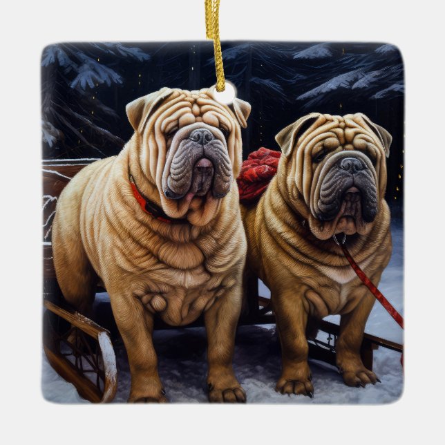 Ornamento De Cerâmica Shar Pei Snowy Sleigh Decência de Natal (Frente)