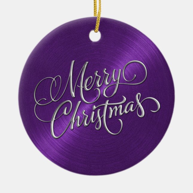 Ornamento De Cerâmica Sheen Roxo e Silver Feliz Natal (Frente)