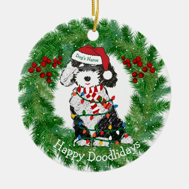 Ornamento De Cerâmica Sheepadoodle das Luzes de Natal Personalizadas (Frente)