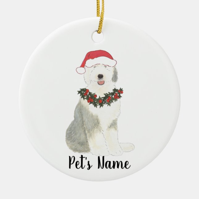 Ornamento De Cerâmica Sheepdog Antigo Personalizado em Inglês (Frente)