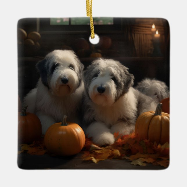 Ornamento De Cerâmica Sheepdog Inglês Puppy Autumn Delight Pumpkin (Frente)