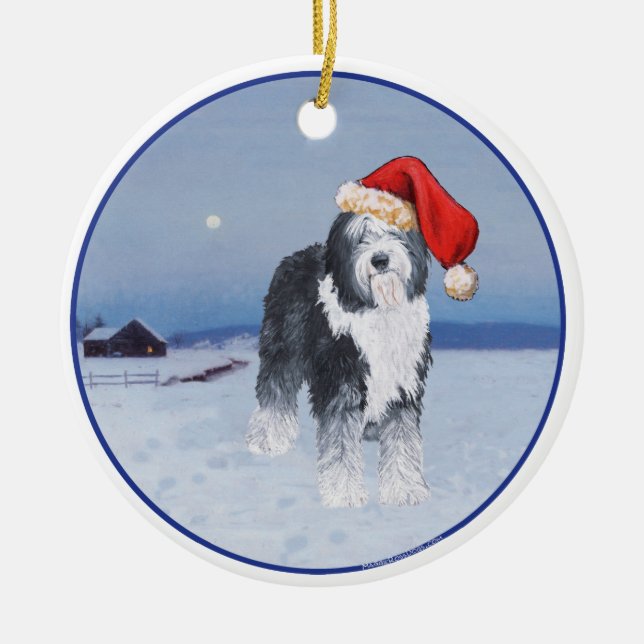 Ornamento De Cerâmica Sheepdog Santa Hat (Frente)