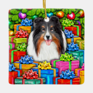 Ornamento De Cerâmica Sheltie Christmas Open Gifts Tricolor