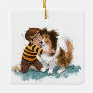 Ornamento De Cerâmica Sheltie e Boy Dog Hug