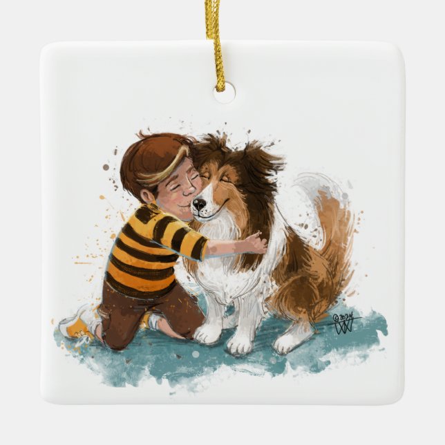 Ornamento De Cerâmica Sheltie e Boy Dog Hug (Frente)