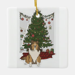 Ornamento De Cerâmica Sheltie junto à árvore de Natal