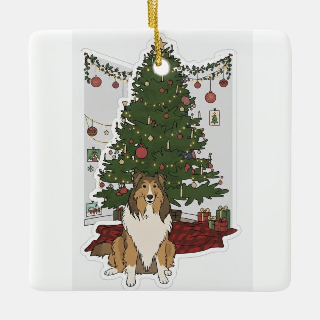 Ornamento De Cerâmica Sheltie junto à árvore de Natal (Frente)