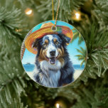 Ornamento De Cerâmica Shepherd australiano On Beach Dom verão<br><div class="desc">Procurando o presente de verão perfeito para um amante de cachorro? Não olhe mais do que esse cachorro maravilhoso na cena da praia design! Esta design de captura de olhos captura o espírito lúdico desta raça amada enquanto ela se espalha na areia e toma sol e surf. Com suas cores...</div>
