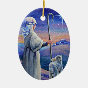 Ornamento De Cerâmica Shepherd Boy Lamb & Star Watercolor Art