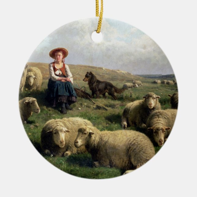 Ornamento De Cerâmica Shepherdess com carneiros em uma paisagem (Frente)